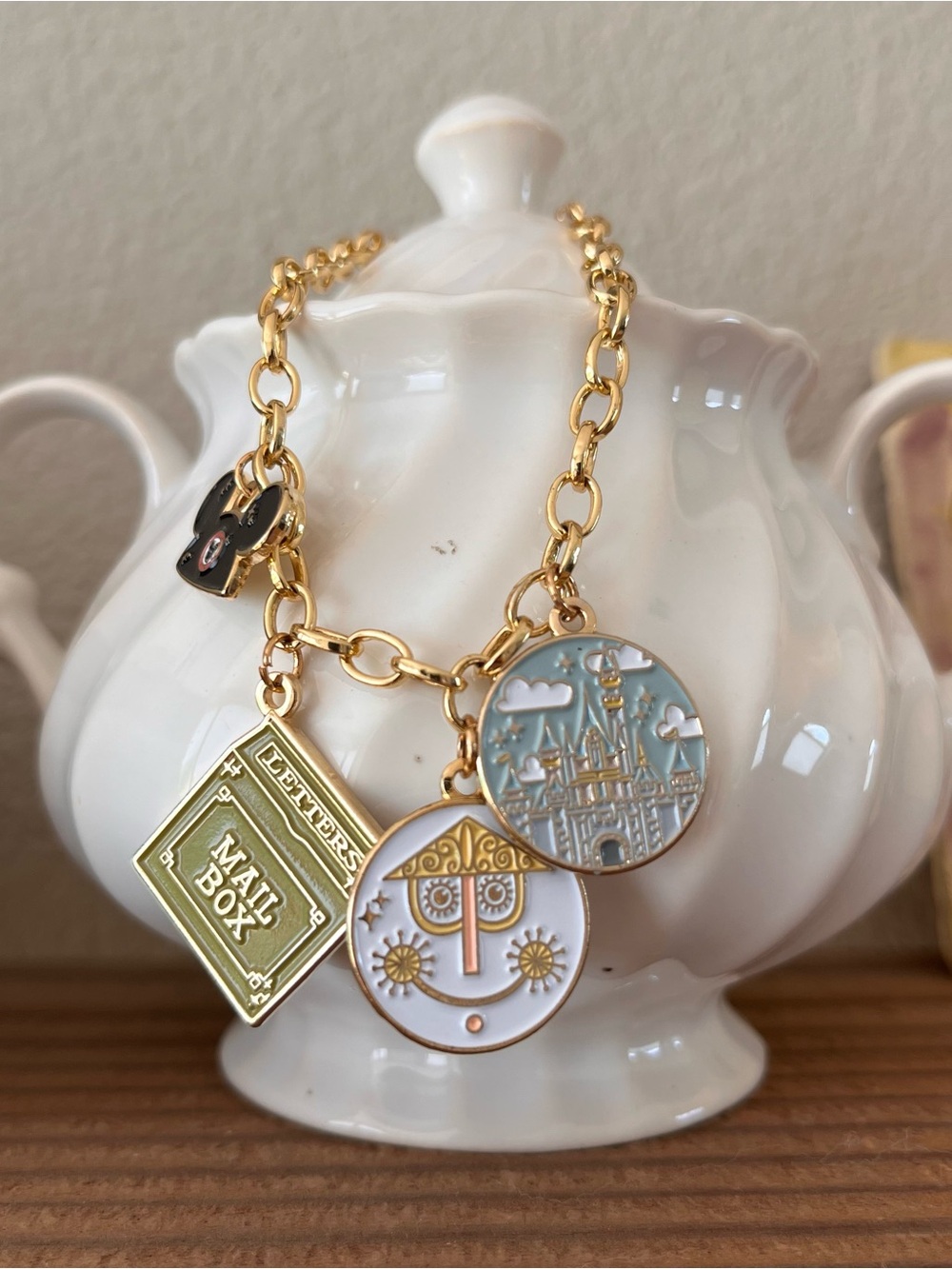 Gold Disney Inspired Charm Bracelet w/ Castle, Mailbox, Ear Hat & Clock Charms
